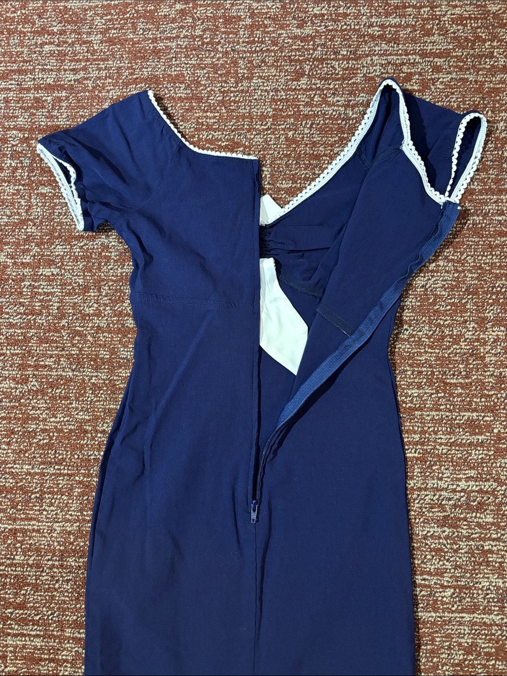 Vintage style fitted stretch navy blue sailor dress eyelet trim tie detail Med - Picture 7 of 16